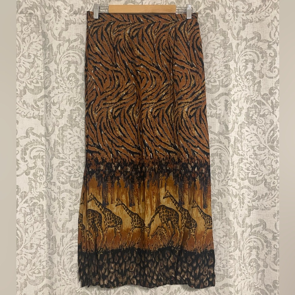 California Krush Rayon Cheetah Giraffe Animal Print Maxi Skirt Black Brown L